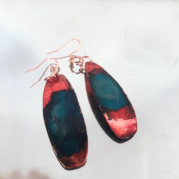 Blue Red Rustic Solid Copper Long Painted Earrings Handmade OOAK Bohemian Hippie - Picture 9 of 11